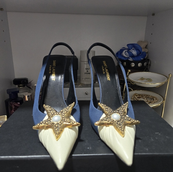 YSL Elegant Blue and Cream Slingback Heels - Picture 2 of 7